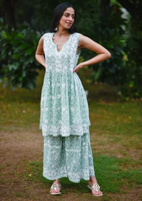 Mulmul Cotton Sleeveless Kurti and Gharara Set - 2Pc - Green and Yellow