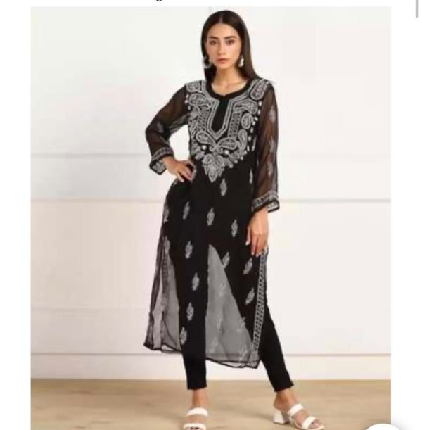 862081AC-C3EC-435D-AFF5-51B874AEE447 Georgette Black Chikankari Work Kurti (With Black Inner)