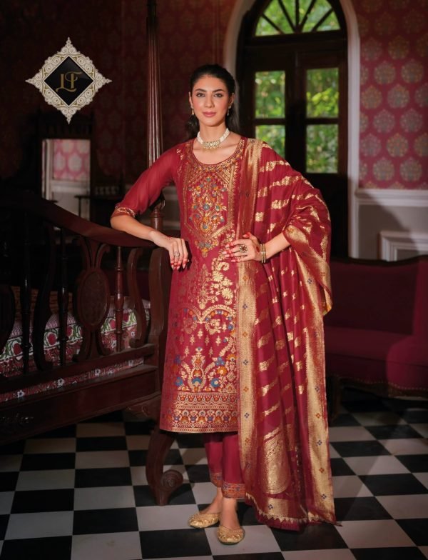 Banarasi Silk Straight Designer Suit with Golden Work - 3Pc