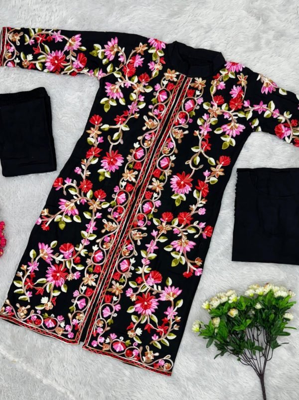 Kashmiri Embroidery Front Open Suit - 3Pc - Shrug, Inner and Pants