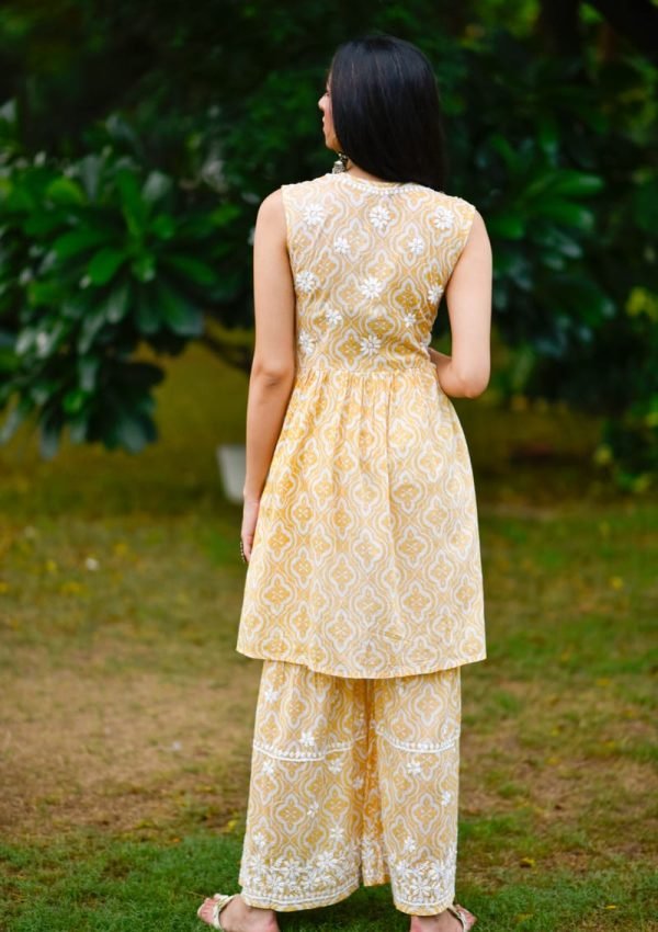 Mulmul Cotton Sleeveless Kurti and Gharara Set - 2Pc - Green and Yellow