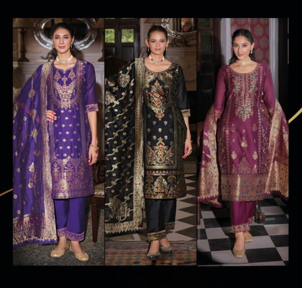 Banarasi Silk Straight Designer Suit with Golden Work - 3Pc