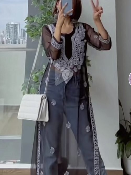 Georgette Black Chikankari Work Kurti (With Black Inner)