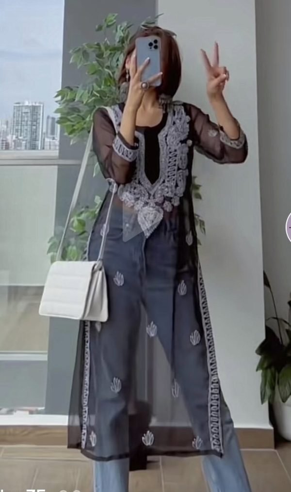 BE04DA10-5A9B-4E30-A93B-401FF45CE5FD Georgette Black Chikankari Work Kurti (With Black Inner)