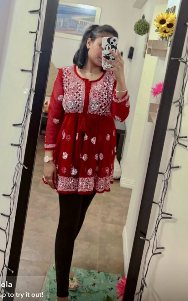 Georgette Short Mirror Frock Style Kurti with Inner - Hand Embroidered