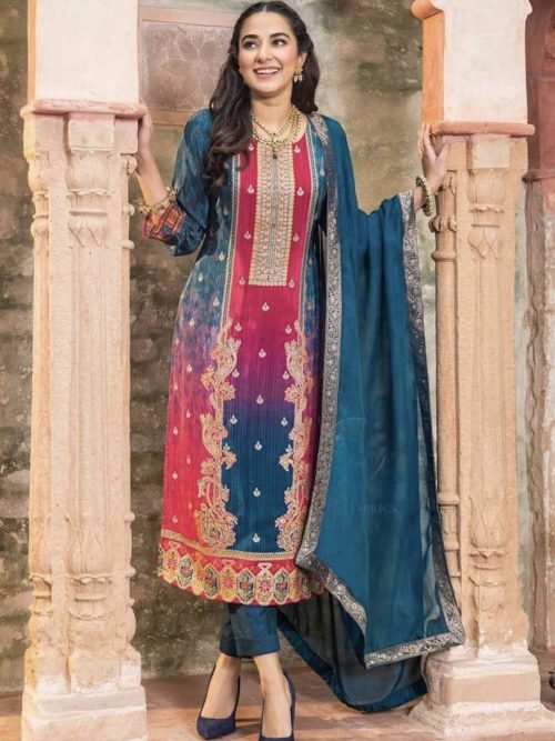 Digital Print Pure Crepe Suit - 3 Pc - Blue and Pink Ombre Shade