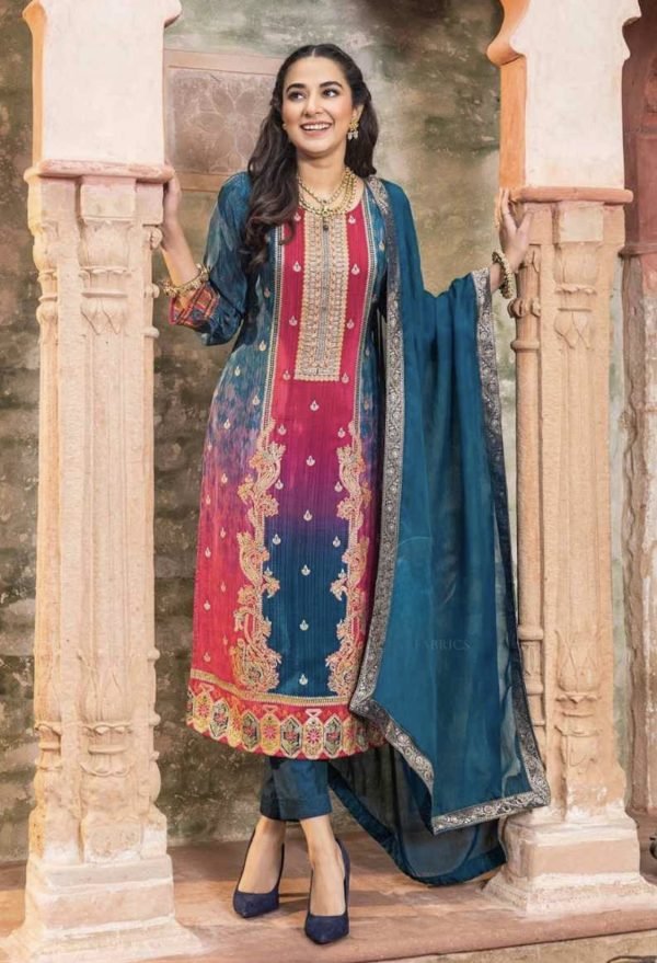 Digital Print Pure Crepe Suit - 3 Pc - Blue and Pink Ombre Shade