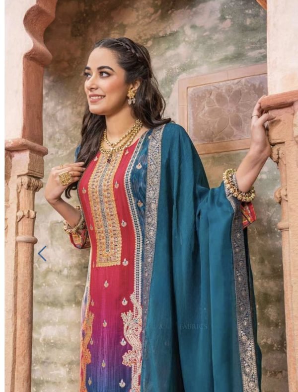 Digital Print Pure Crepe Suit - 3 Pc - Blue and Pink Ombre Shade