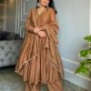 Chinnon Silk Anarkali Aliya Cut Style with Pants & Georgette Dupatta - 3Pc - Brown (Tapsee Pannu)