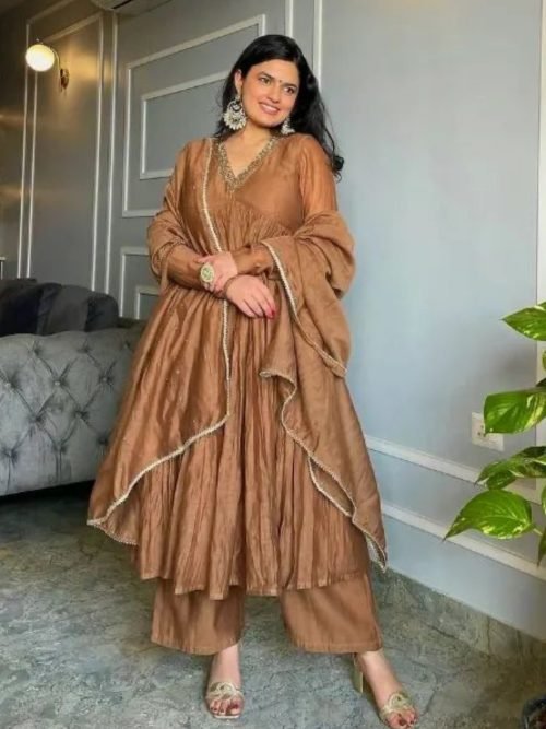 Chinnon Silk Anarkali Aliya Cut Style with Pants & Georgette Dupatta - 3Pc - Brown (Tapsee Pannu)