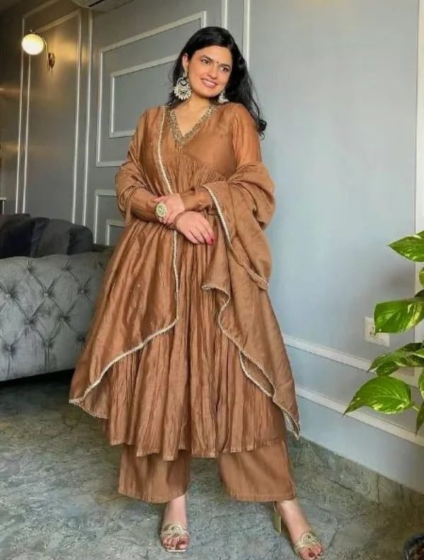 Chinnon Silk Anarkali Aliya Cut Style with Pants & Georgette Dupatta - 3Pc - Brown (Tapsee Pannu)