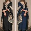Chinnon Silk Straight Designer Suit with Golden Work - 3Pc - Navy and Black