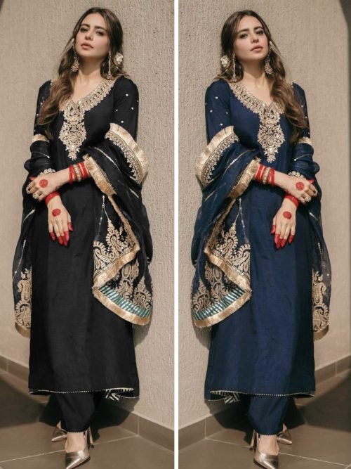Chinnon Silk Straight Designer Suit with Golden Work - 3Pc - Navy and Black