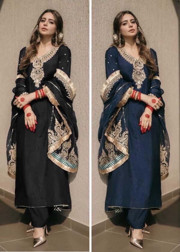 Chinnon Silk Straight Designer Suit with Golden Work - 3Pc - Navy and Black