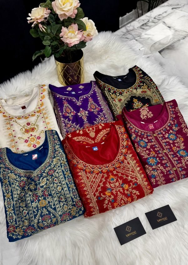 Banarasi Silk Straight Designer Suit with Golden Work - 3Pc