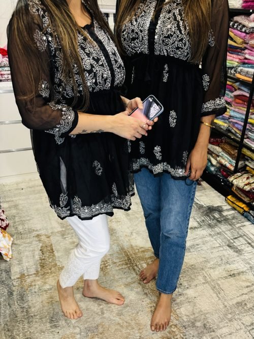 Georgette Short Mirror Frock Style Kurti with Inner - Hand Embroidered