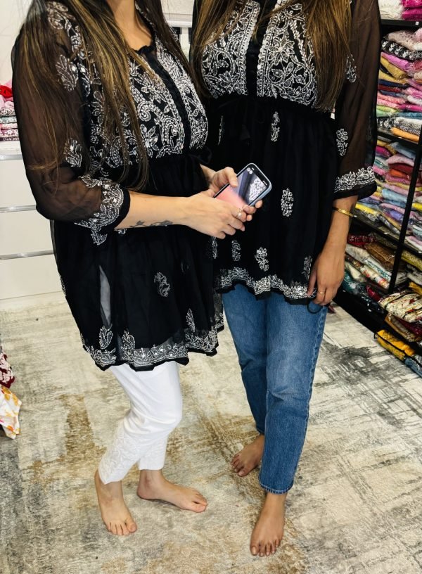 Georgette Short Mirror Frock Style Kurti with Inner - Hand Embroidered