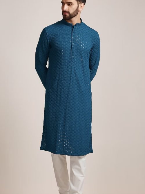 Mens Soft Flowy Reyon Chikankari Sequence work Kurta Pajama Sets - 2Pc - Plus Sizes