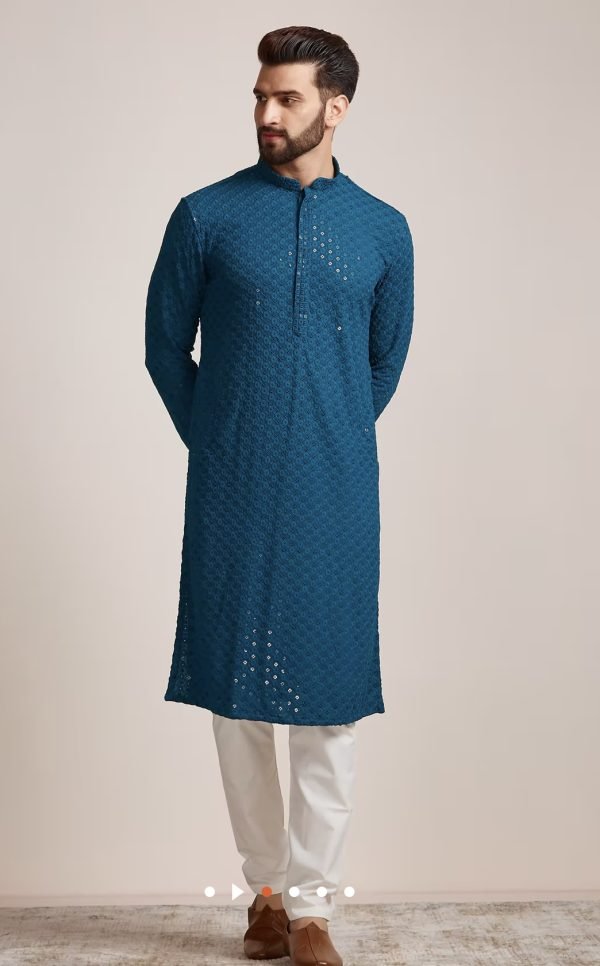 Mens Soft Flowy Reyon Chikankari Sequence work Kurta Pajama Sets - 2Pc - Plus Sizes