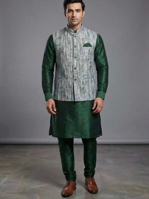Soft Raw Silk Mens Kurta and Jacket Set - 3 Pc - Emerald Green, Light Green, Lilac