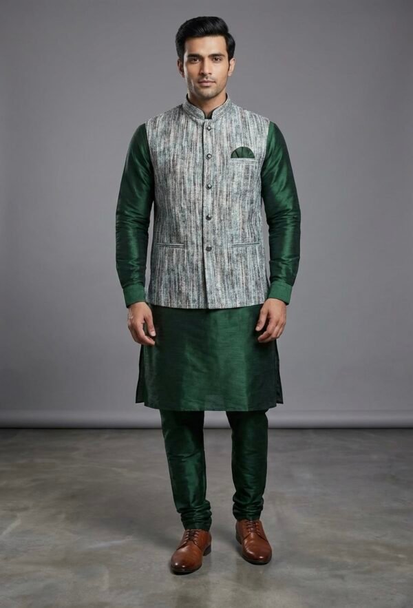 Soft Raw Silk Mens Kurta and Jacket Set - 3 Pc - Emerald Green, Light Green, Lilac