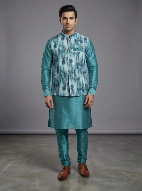 Soft Raw Silk Mens Kurta and Jacket Set - 3 Pc - Emerald Green, Light Green, Lilac