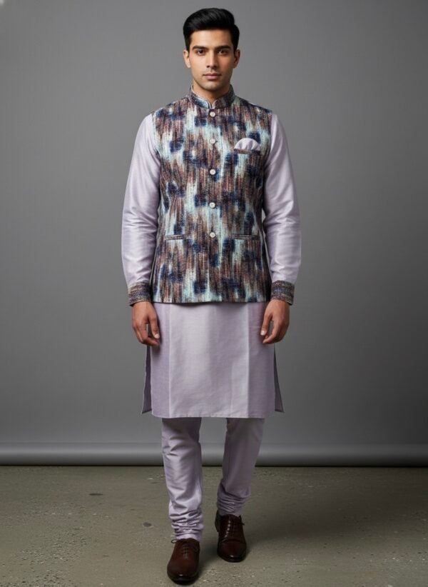Soft Raw Silk Mens Kurta and Jacket Set - 3 Pc - Emerald Green, Light Green, Lilac