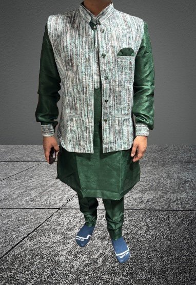 Soft Raw Silk Mens Kurta and Jacket Set - 3 Pc - Emerald Green, Light Green, Lilac