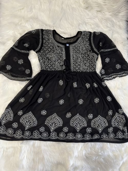 Georgette Short Frock Style Kurti with Inner - Hand Embroidered - Black