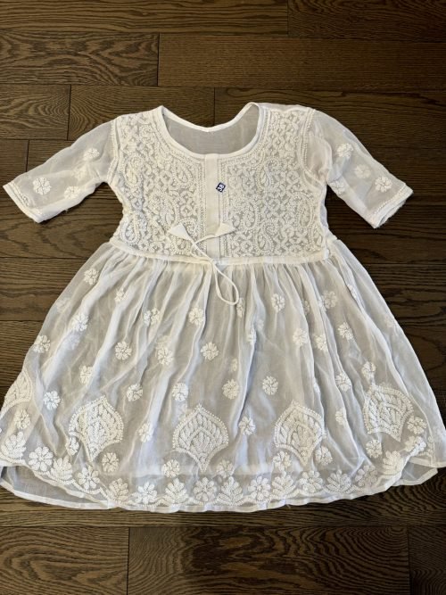 Georgette Short Frock Style Kurti with Inner - Hand Embroidered - White