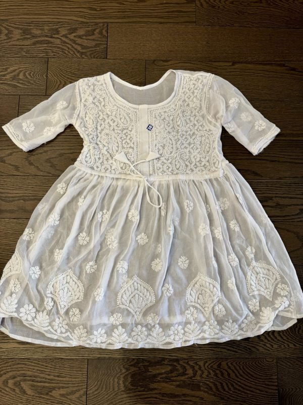 IMG_6500 Georgette Short Frock Style Kurti with Inner - Hand Embroidered - White