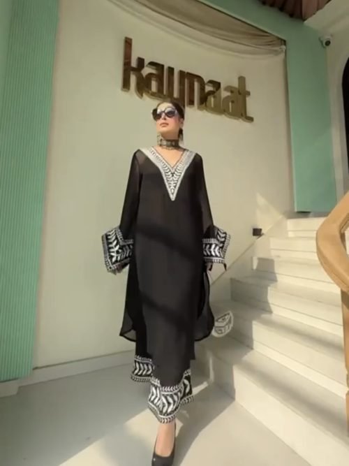 Premium Georgette V Neck Dress - 3Pc - Black