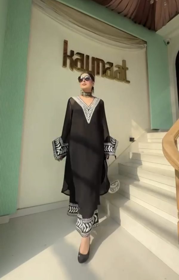 Premium Georgette V Neck Dress - 3Pc - Black