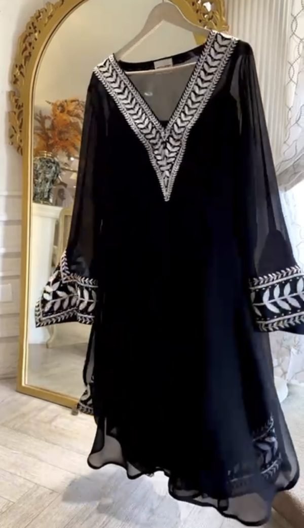 Premium Georgette V Neck Dress - 3Pc - Black