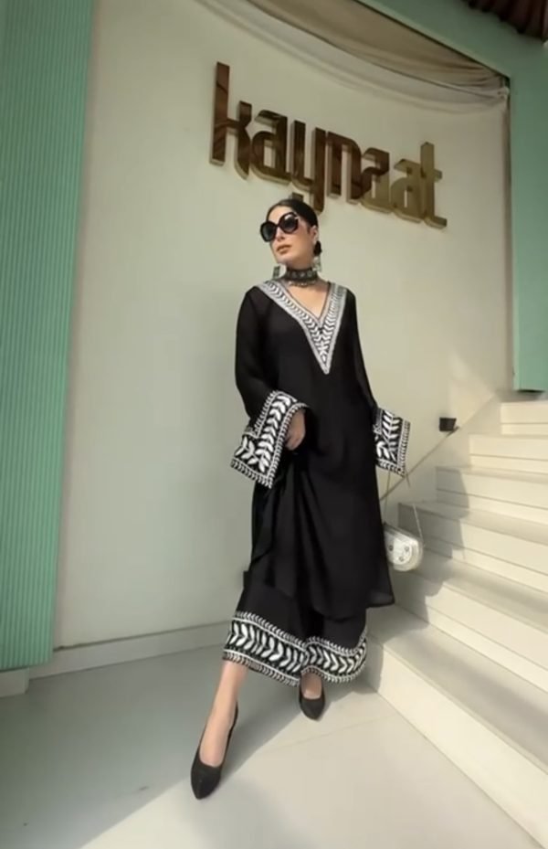 Premium Georgette V Neck Dress - 3Pc - Black