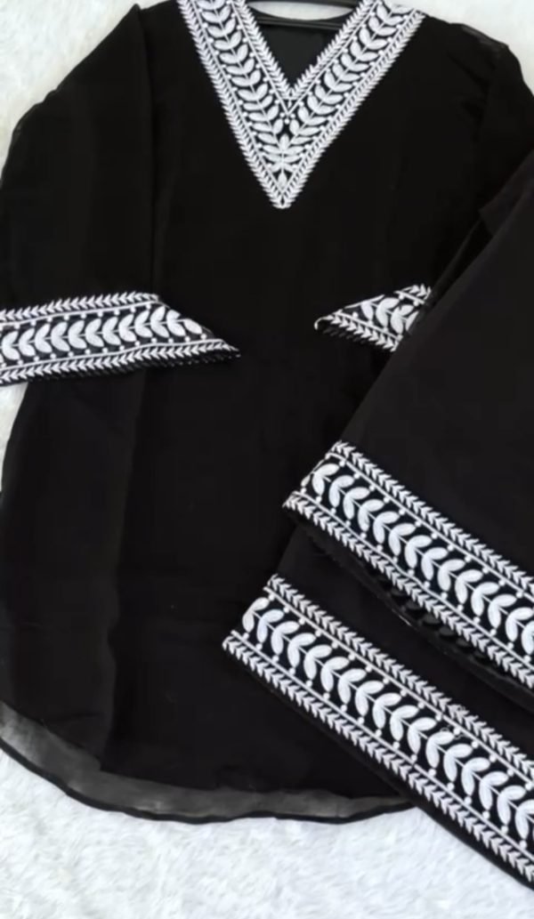 Premium Georgette V Neck Dress - 3Pc - Black