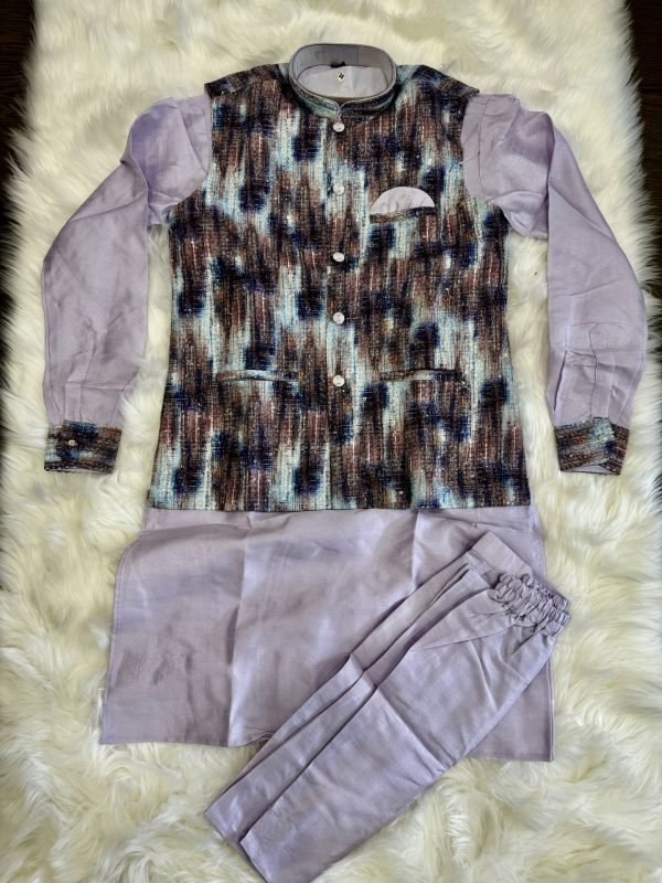 Soft Raw Silk Mens Kurta and Jacket Set - 3 Pc - Emerald Green, Light Green, Lilac