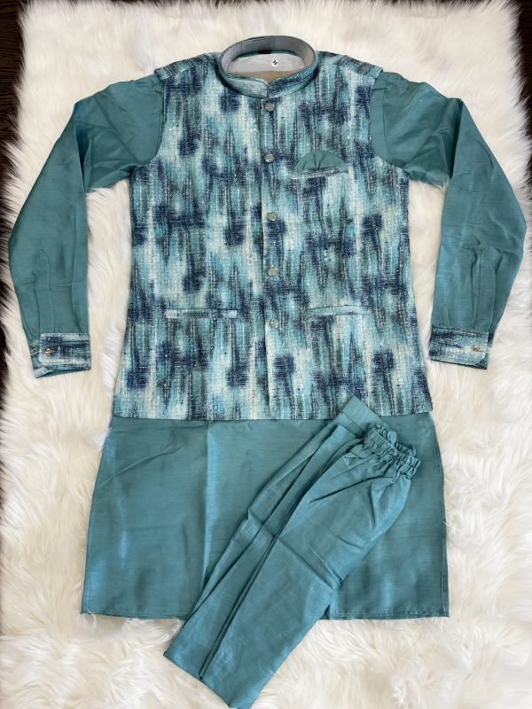 Soft Raw Silk Mens Kurta and Jacket Set - 3 Pc - Emerald Green, Light Green, Lilac