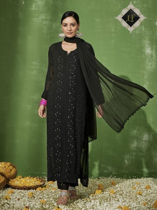 Premium Viscouse Full Jaal Hand Embroidered 3Pc Suit - Black and White