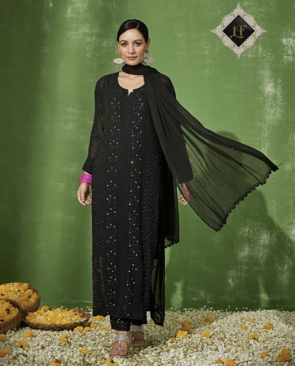 Premium Viscouse Full Jaal Hand Embroidered 3Pc Suit - Black and White