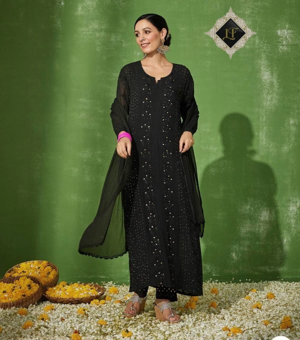 Premium Viscouse Full Jaal Hand Embroidered 3Pc Suit - Black and White