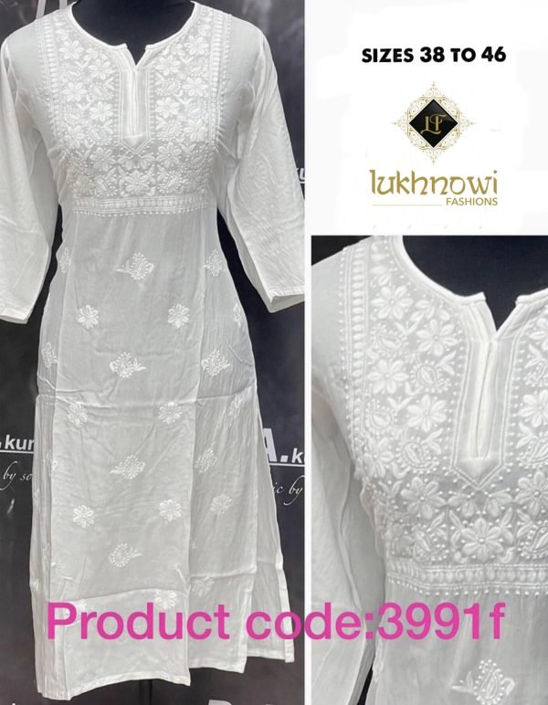 White Reyon Chikankari Kurti with Self Embroidery - Computer Work - Regular and Plus Sizes