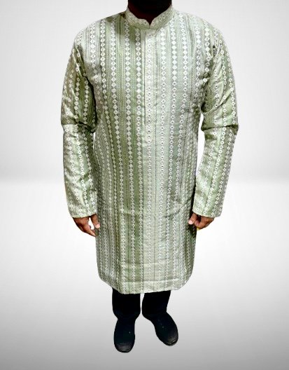 Mens Jacquard Silk Sequence Work Kurta with White Pajama - 2Pc