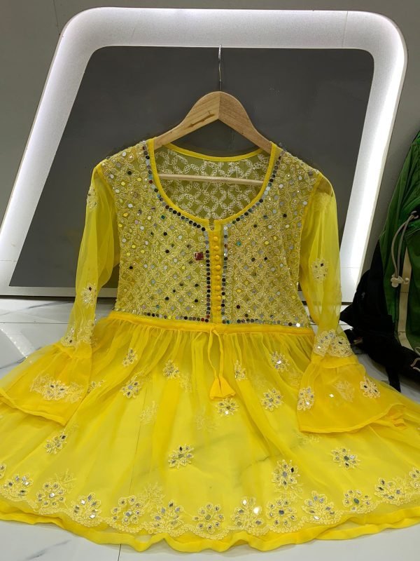 Georgette Short Mirror Frock Style Kurti with Inner - Hand Embroidered