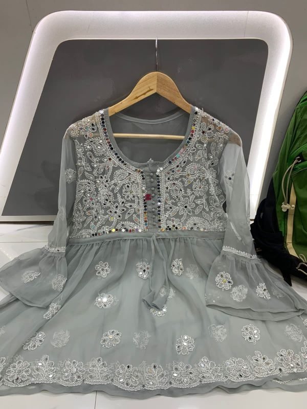 Georgette Short Mirror Frock Style Kurti with Inner - Hand Embroidered
