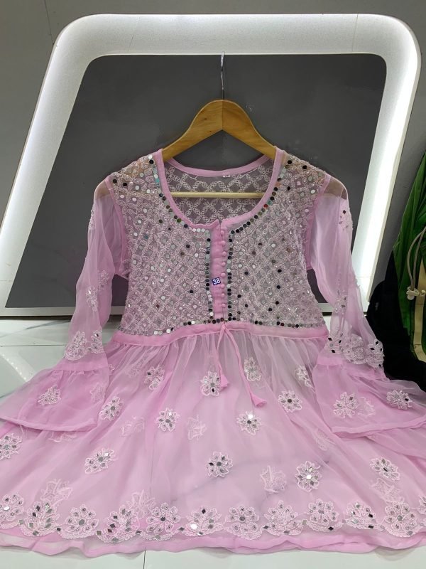 Georgette Short Mirror Frock Style Kurti with Inner - Hand Embroidered