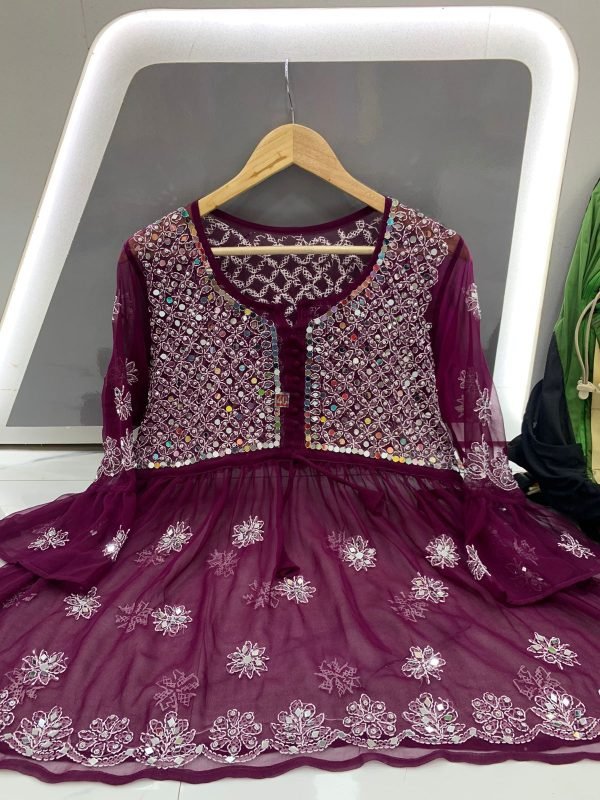 Georgette Short Mirror Frock Style Kurti with Inner - Hand Embroidered