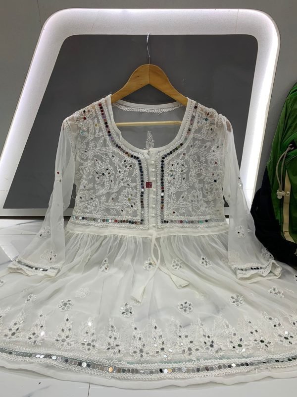 Georgette Short Mirror Frock Style Kurti with Inner - Hand Embroidered