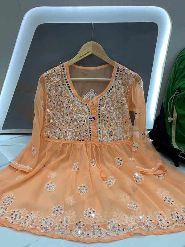 Georgette Short Mirror Frock Style Kurti with Inner - Hand Embroidered