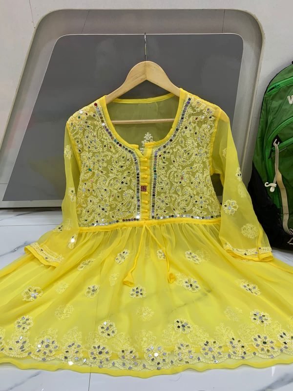 Georgette Short Mirror Frock Style Kurti with Inner - Hand Embroidered